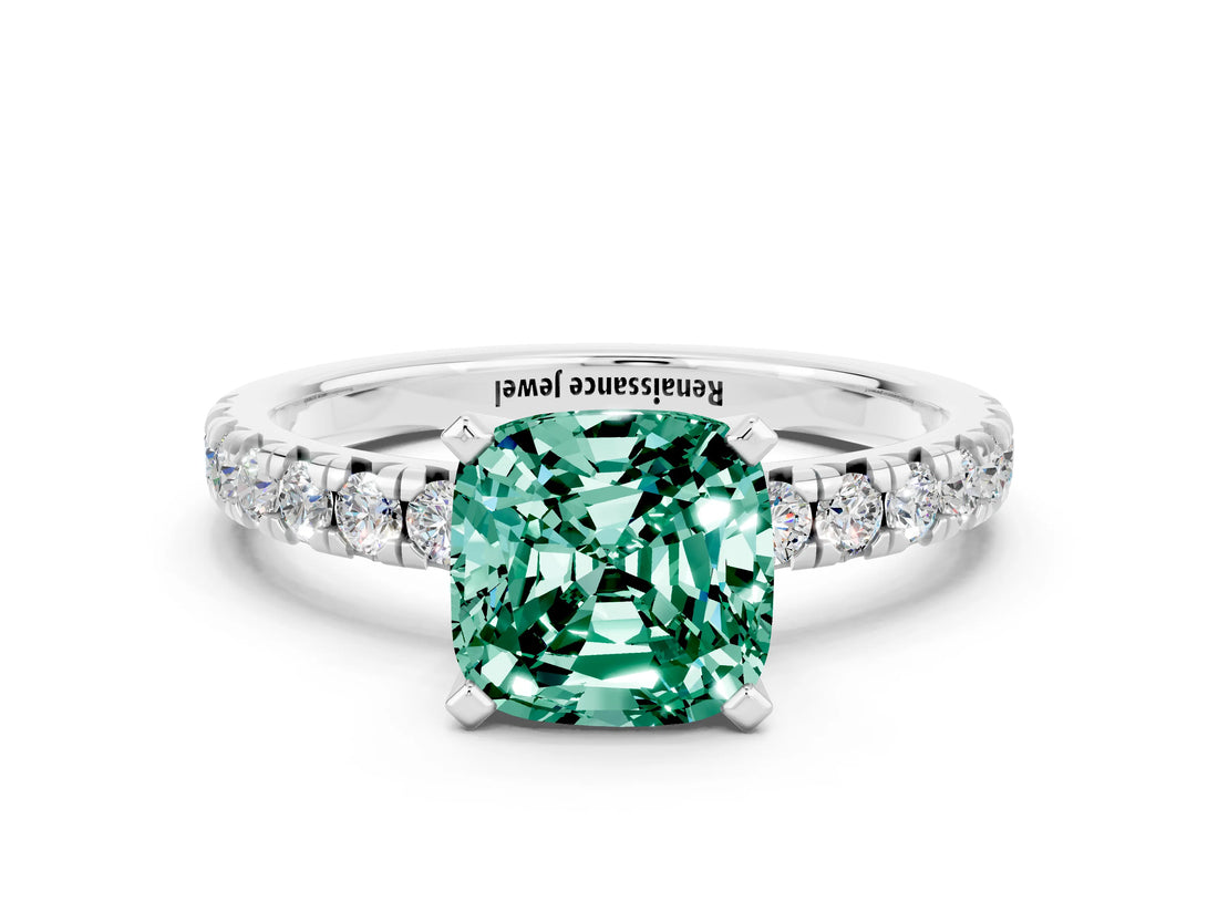 White gold Cushion Cut Green Sapphire Solitaire Pavé Engagement Ring with Round Band and Prong Setting_90