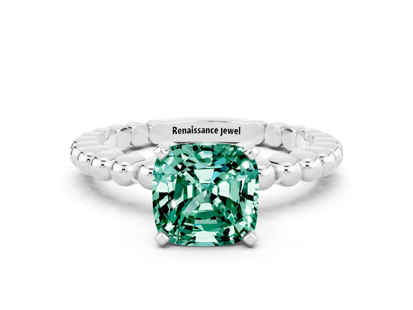 White gold Cushion Cut Green Sapphire Solitaire Ring with Beaded Band and Prong Setting