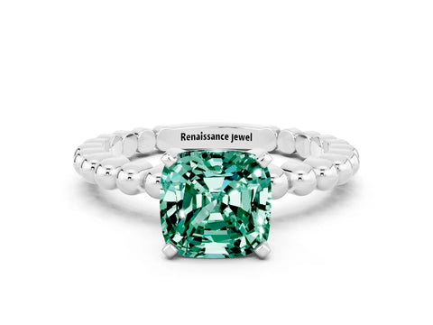 White gold Cushion Cut Green Sapphire Solitaire Ring with Beaded Band and Prong Setting_12