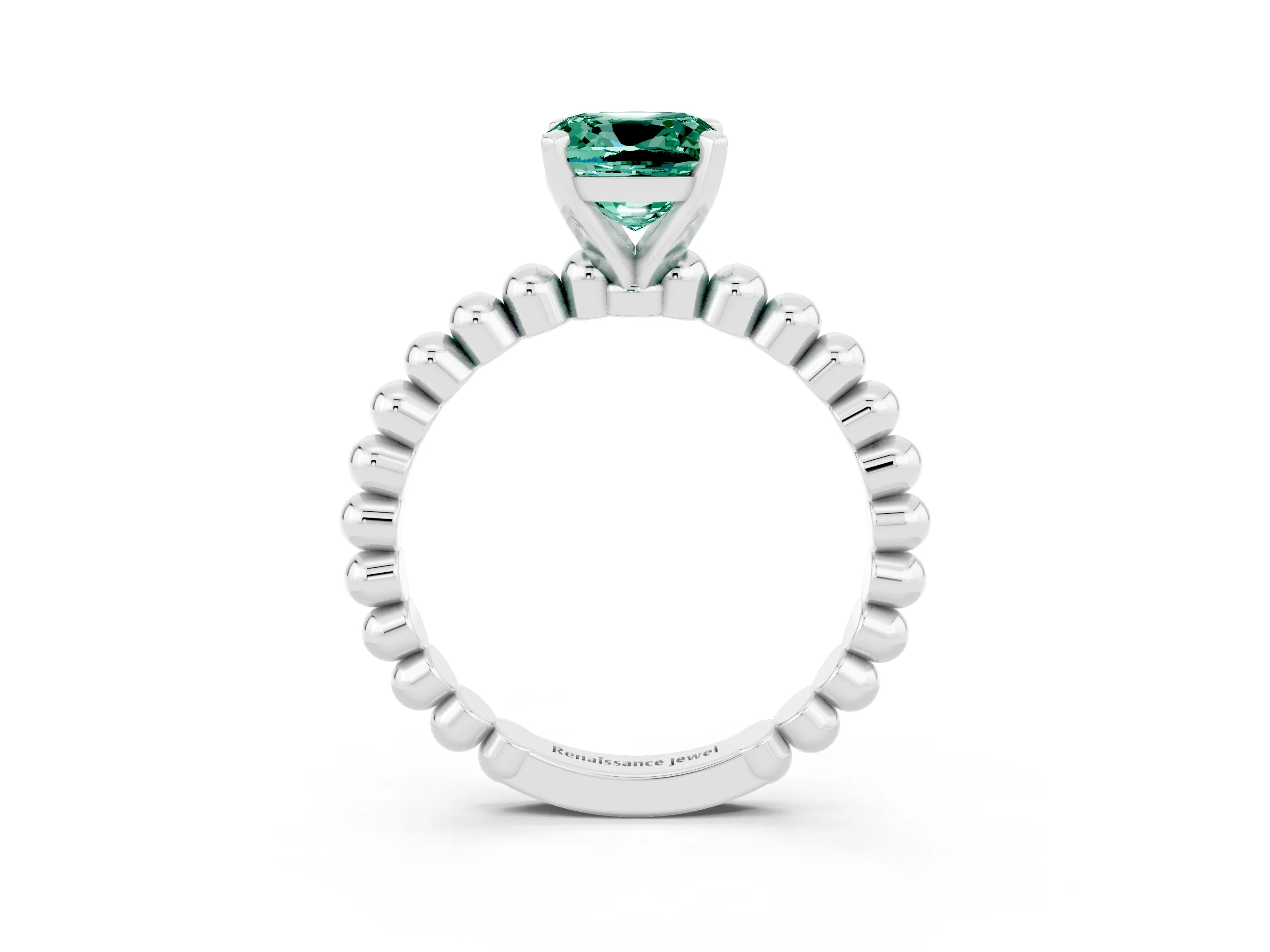 White gold Cushion Cut Green Sapphire Solitaire Ring with Beaded Band and Prong Setting_15