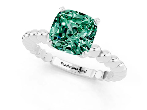 White gold Cushion Cut Green Sapphire Solitaire Ring with Beaded Band and Prong Setting_1