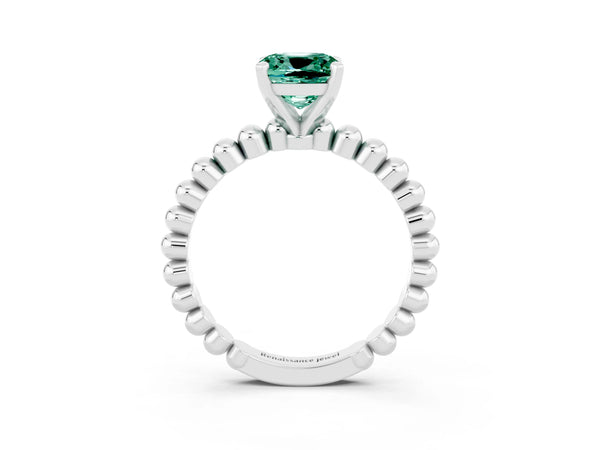 Silver Cushion Cut Green Sapphire Solitaire Ring with Beaded Band and Prong Setting