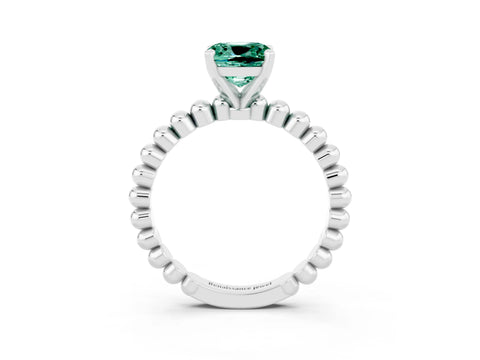 White gold Cushion Cut Green Sapphire Solitaire Ring with Beaded Band and Prong Setting_3