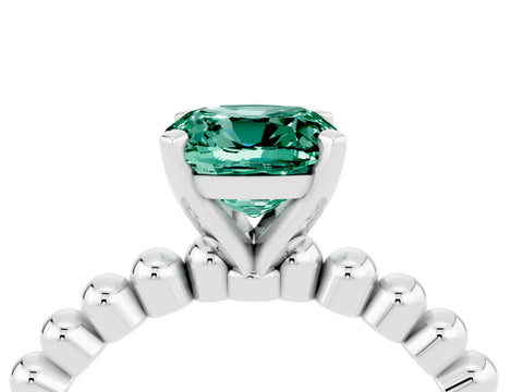 White gold Cushion Cut Green Sapphire Solitaire Ring with Beaded Band and Prong Setting_4