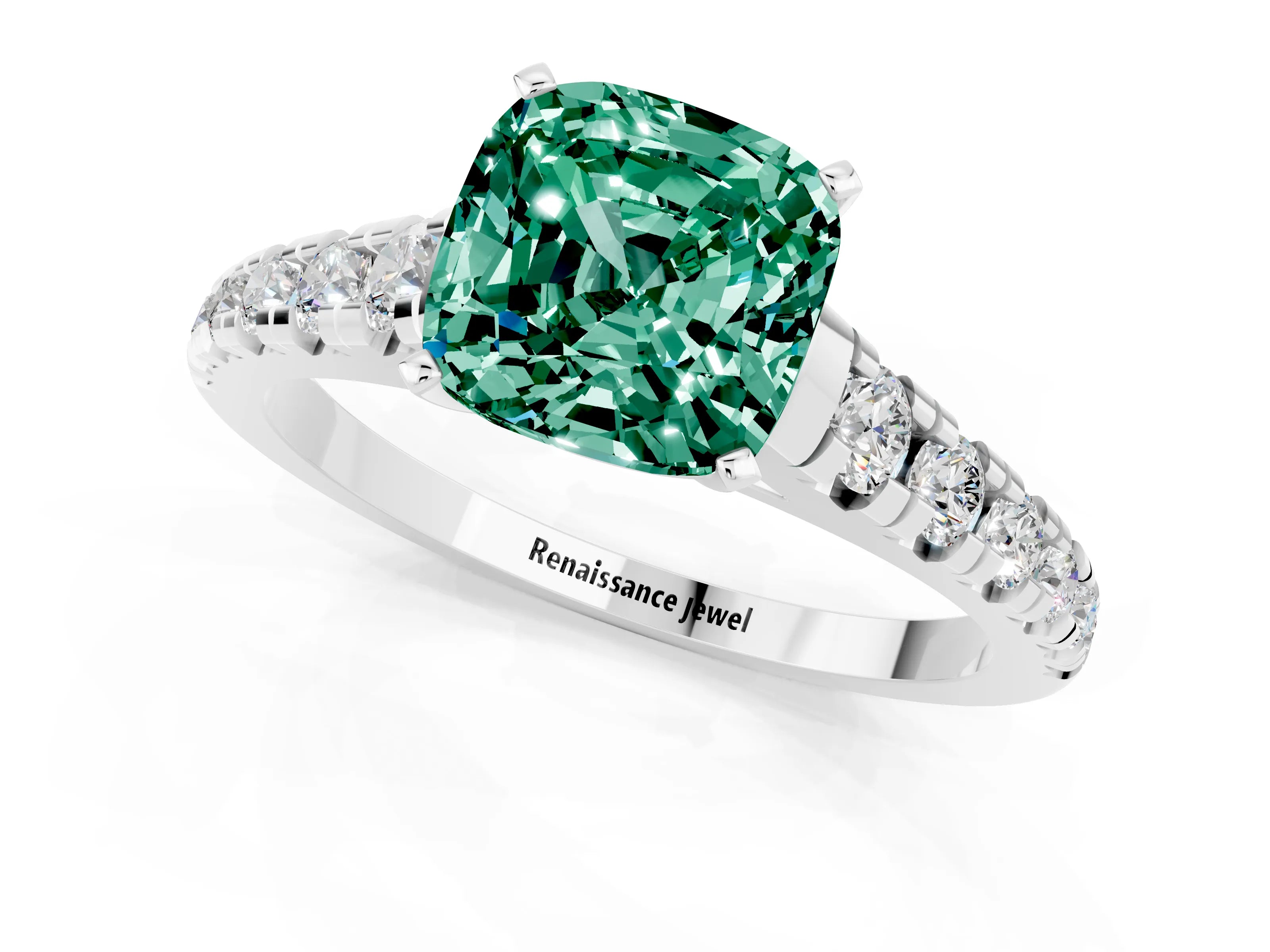 White gold Cushion Cut Green Sapphire Solitaire Ring with Cathedral Setting and Pavé Band_1