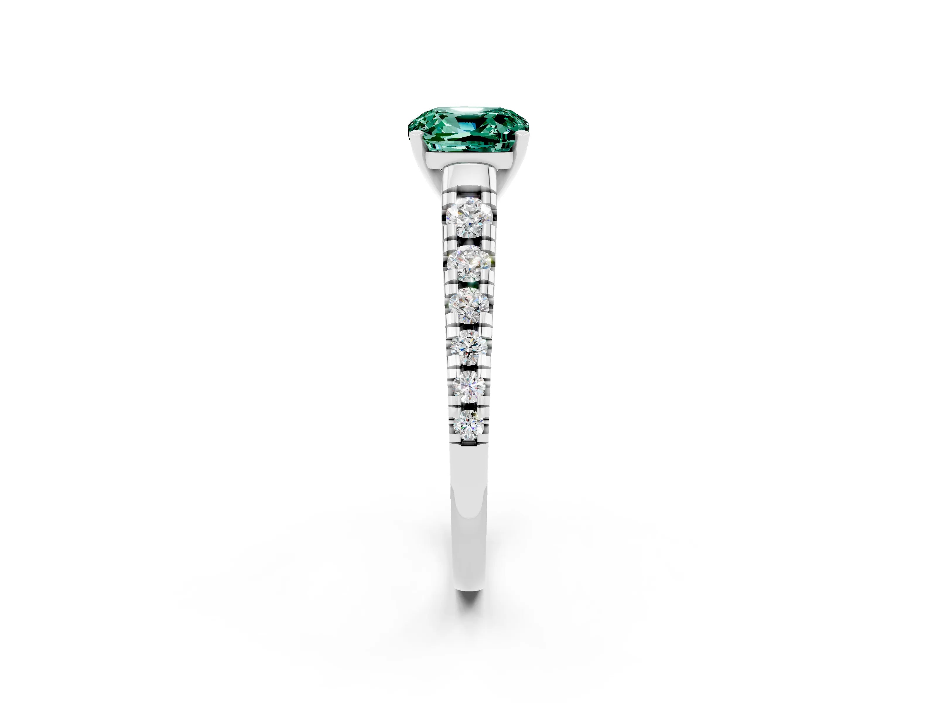 White gold Cushion Cut Green Sapphire Solitaire Ring with Cathedral Setting and Pavé Band_2
