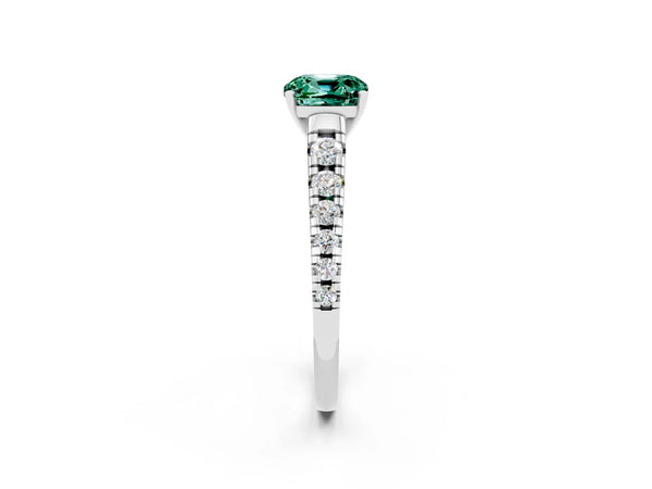 White gold Cushion Cut Green Sapphire Cathedral Solitaire Ring with Round  Pavé Band
