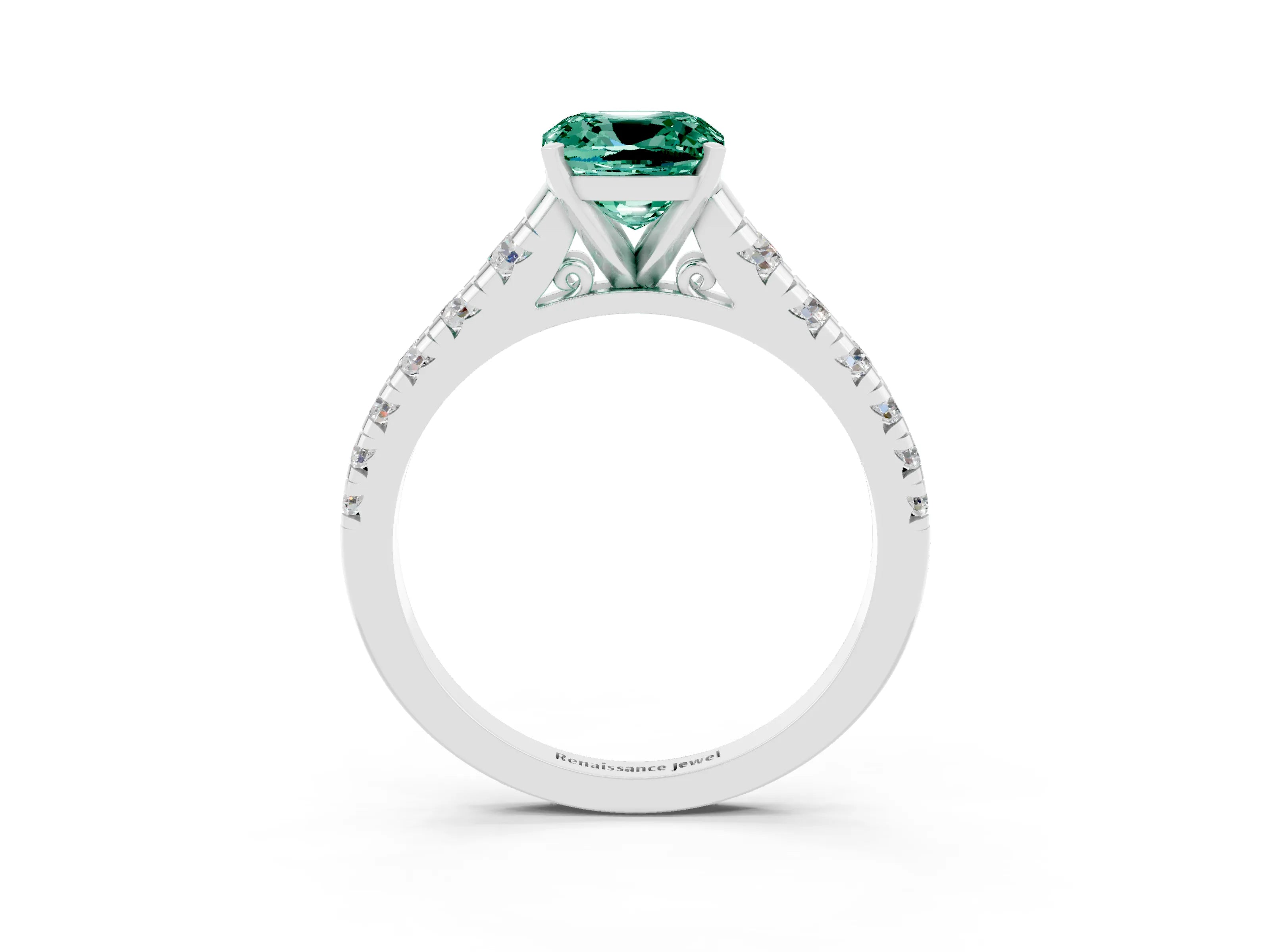 White gold Cushion Cut Green Sapphire Solitaire Ring with Cathedral Setting and Pavé Band_3