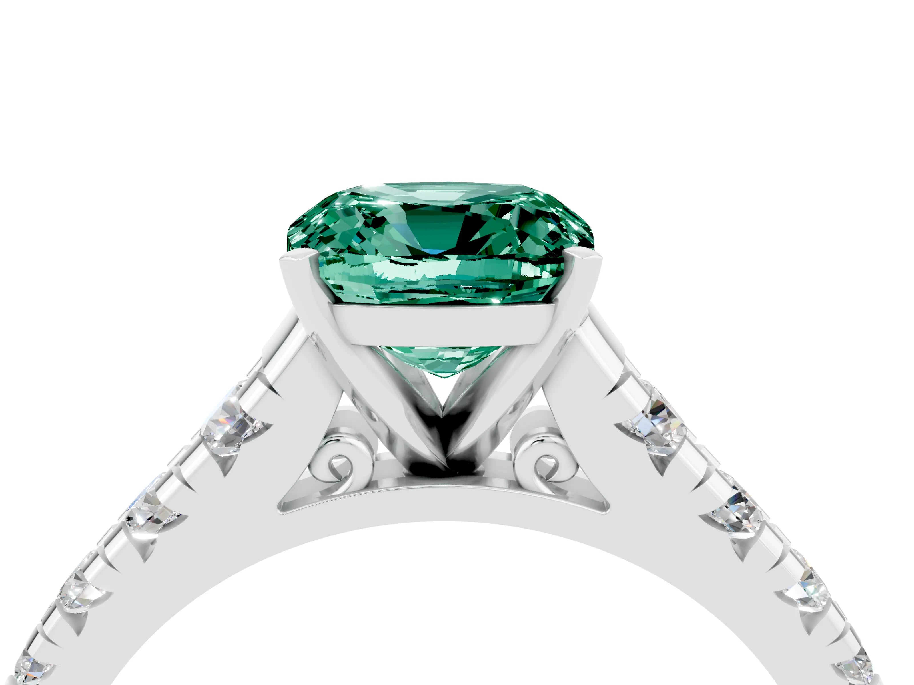 White gold Cushion Cut Green Sapphire Solitaire Ring with Cathedral Setting and Pavé Band_4