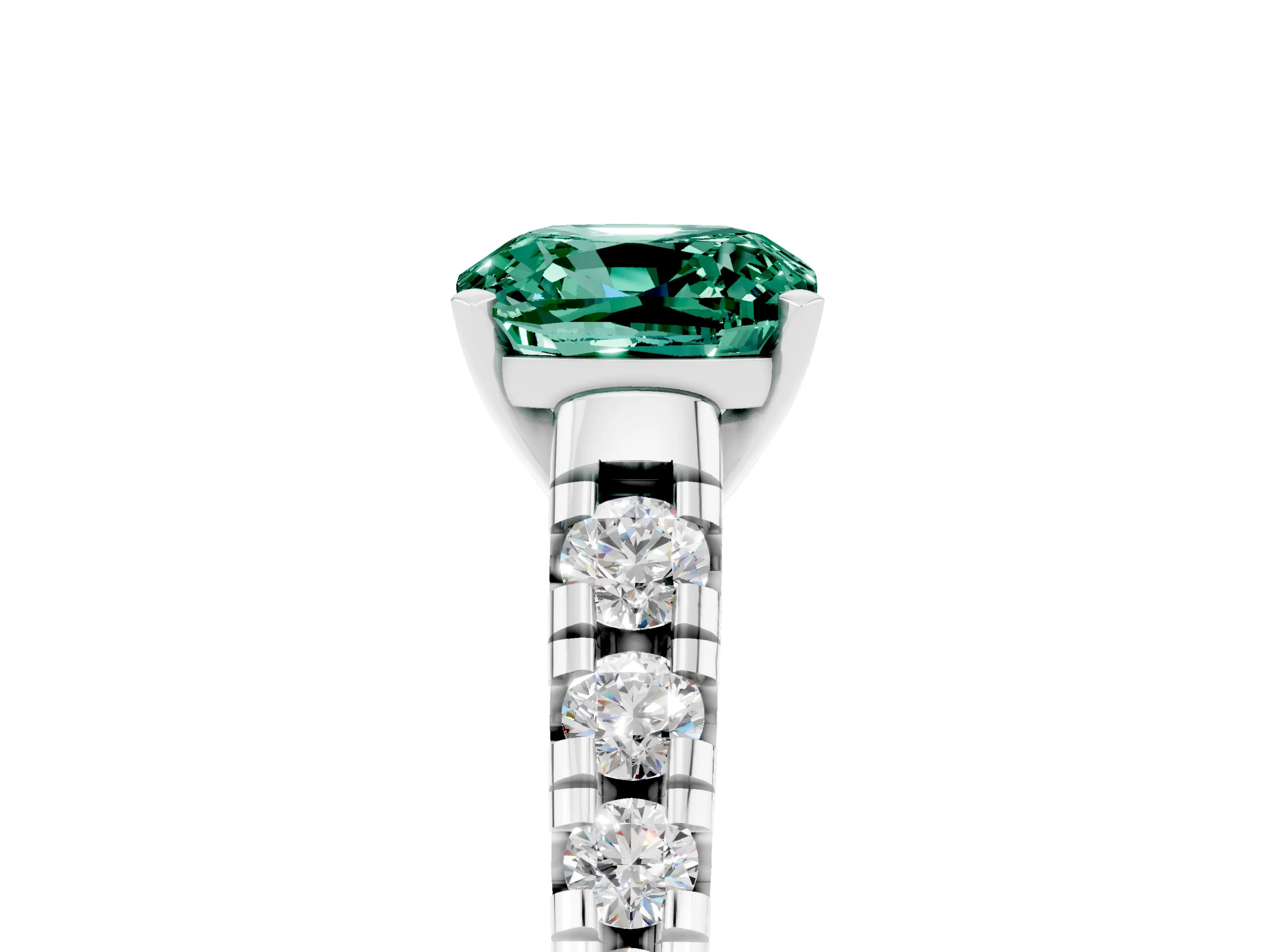 White gold Cushion Cut Green Sapphire Solitaire Ring with Cathedral Setting and Pavé Band_5