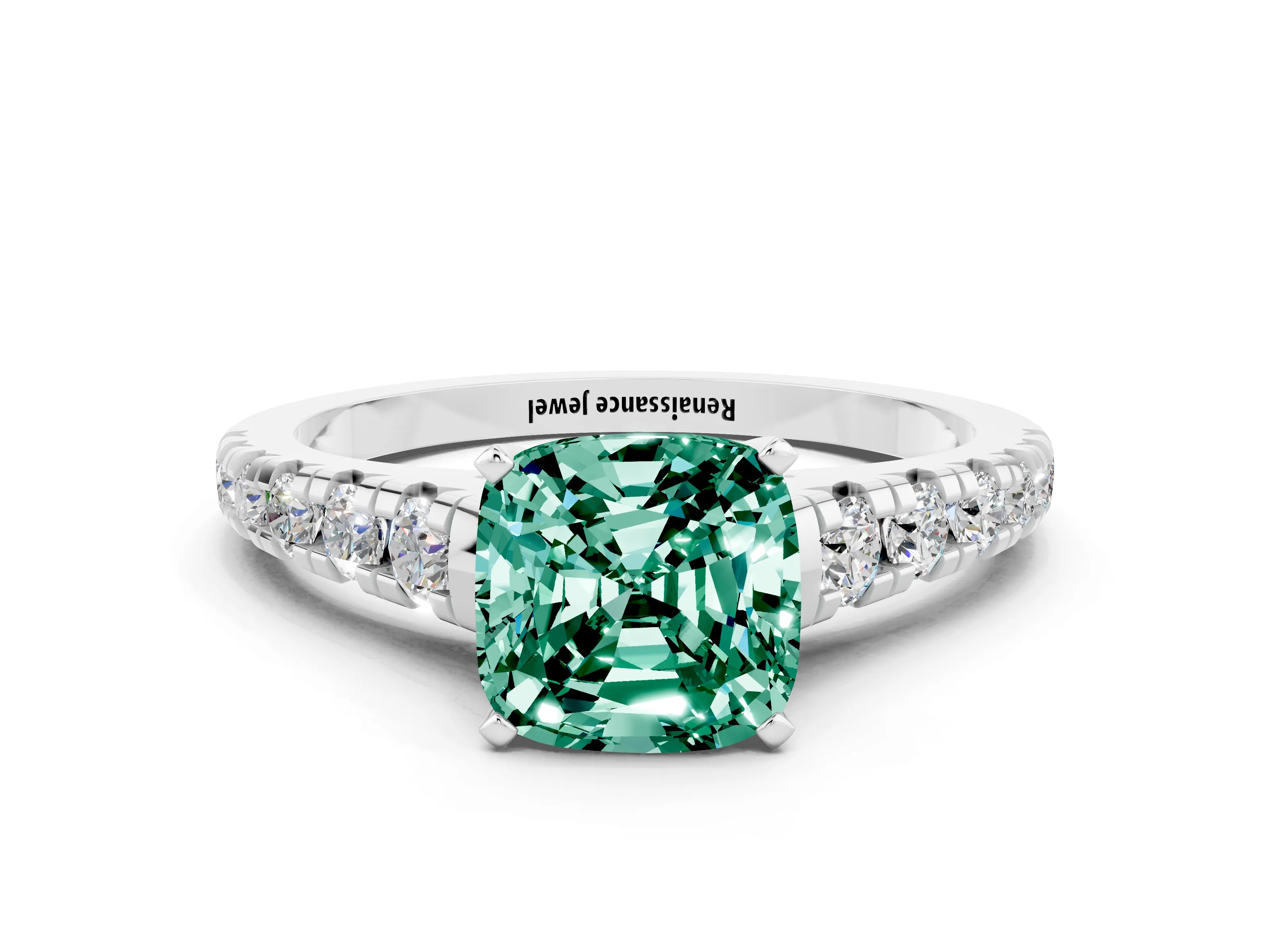 White gold Cushion Cut Green Sapphire Solitaire Ring with Cathedral Setting and Pavé Band
