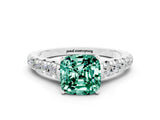 White gold Cushion Cut Green Sapphire Solitaire Ring with Cathedral Setting and Pavé Band