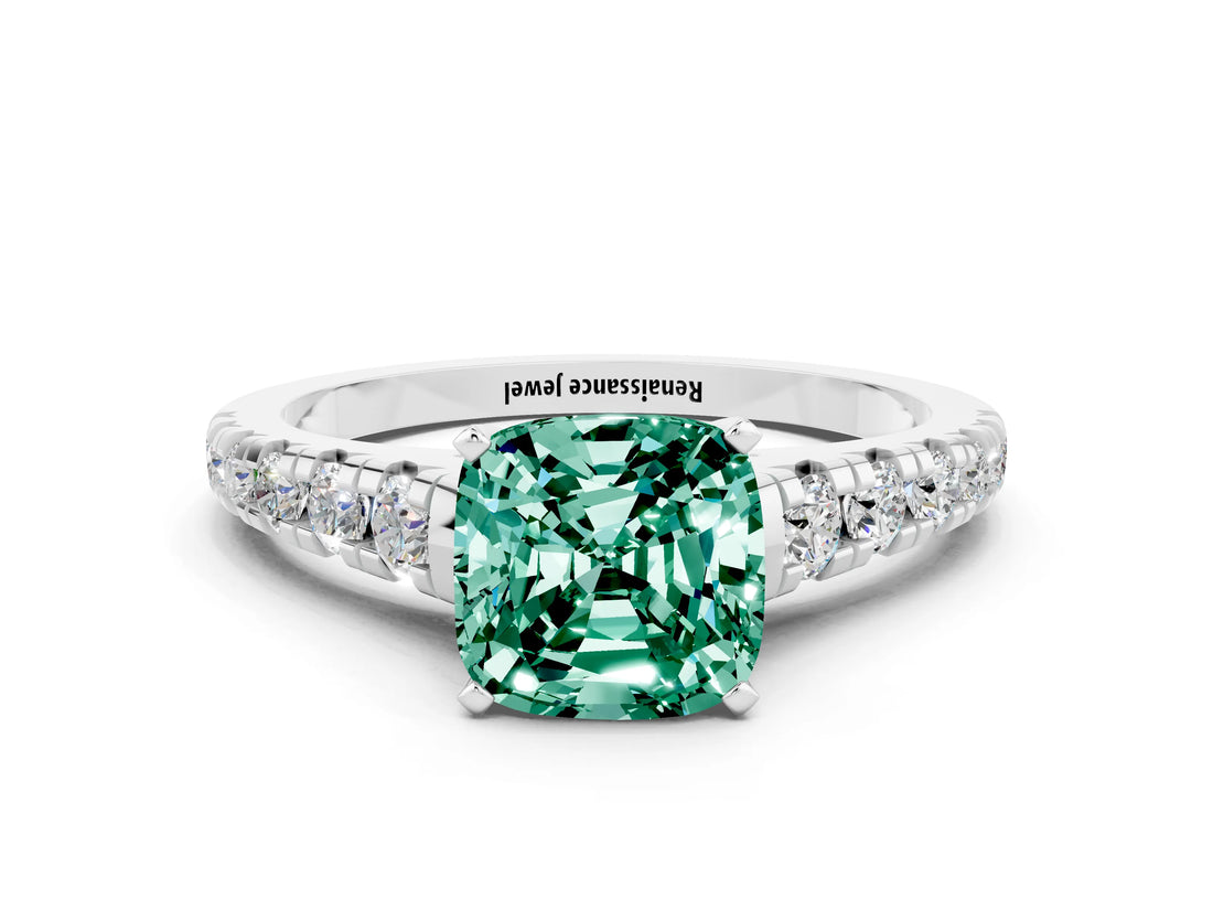 White gold Cushion Cut Green Sapphire Solitaire Ring with Cathedral Setting and Pavé Band