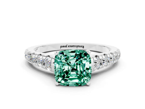 White gold Cushion Cut Green Sapphire Solitaire Ring with Cathedral Setting and Pavé Band