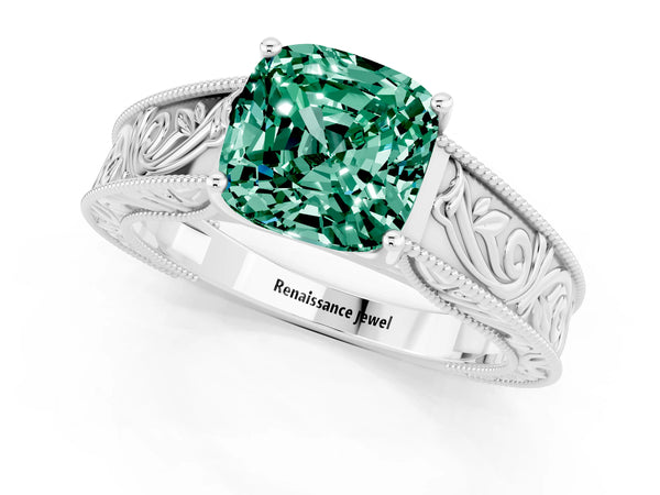 Platinum Cushion Cut Green Sapphire Solitaire Ring with Engraved Band and Four-Prong Setting