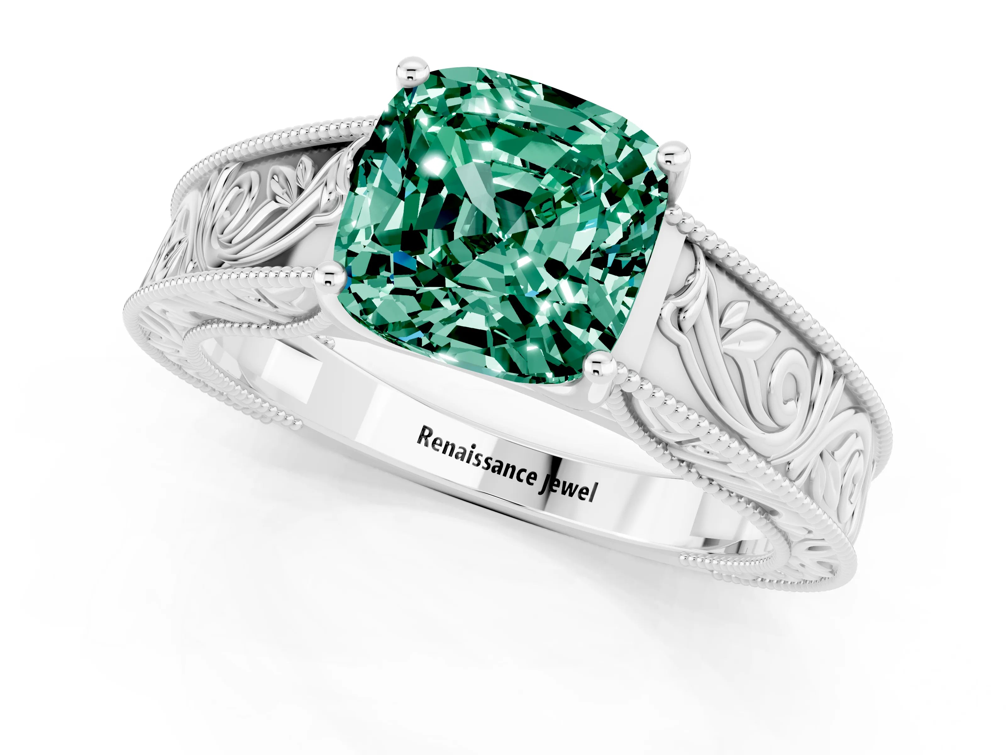 White gold Cushion Cut Green Sapphire Solitaire Ring with Engraved Band and Four-Prong Setting_1