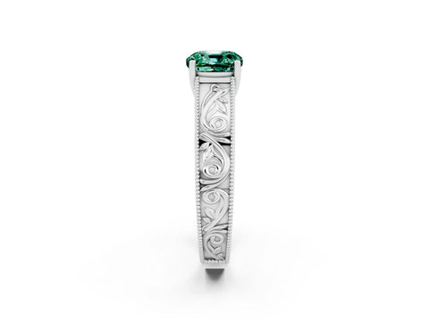 White gold Cushion Cut Green Sapphire Solitaire Ring with Engraved Band and Four-Prong Setting_2