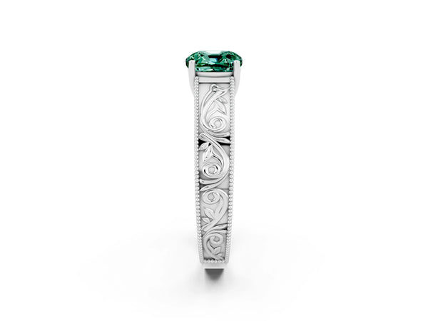 White gold Cushion Cut Green Sapphire Solitaire Ring with Engraved Band and Four-Prong Setting