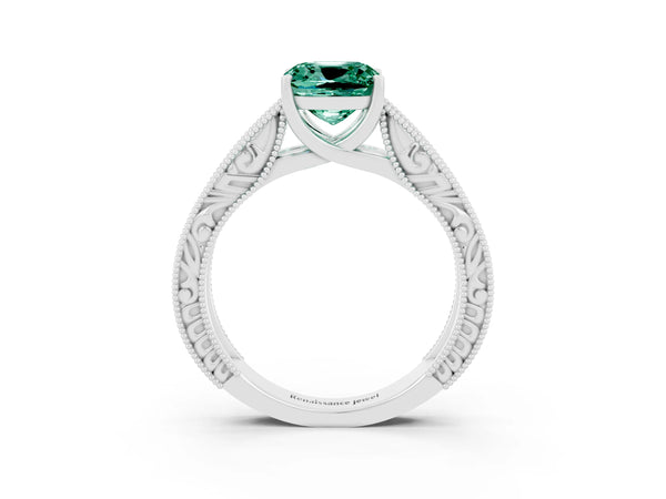 Silver Cushion Cut Green Sapphire Solitaire Ring with Engraved Band and Four-Prong Setting