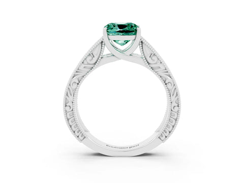 White gold Cushion Cut Green Sapphire Solitaire Ring with Engraved Band and Four-Prong Setting_3