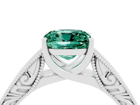 White gold Cushion Cut Green Sapphire Solitaire Ring with Engraved Band and Four-Prong Setting_4