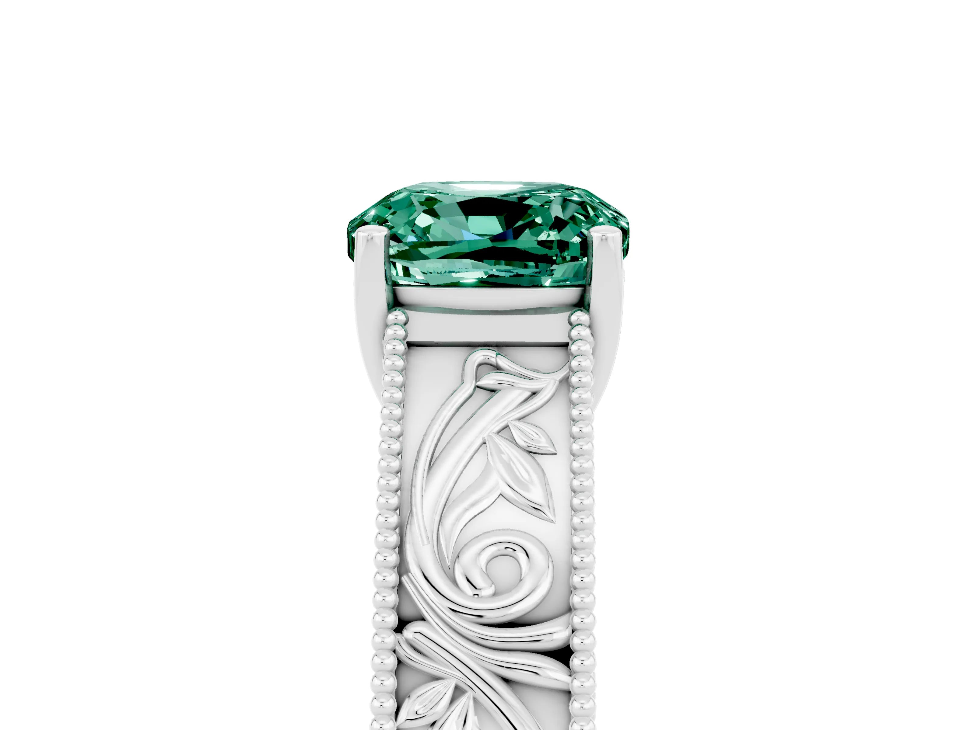 White gold Cushion Cut Green Sapphire Solitaire Ring with Engraved Band and Four-Prong Setting_5