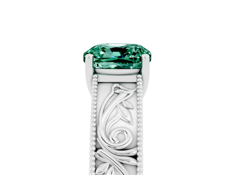 White gold Cushion Cut Green Sapphire Solitaire Ring with Engraved Band and Four-Prong Setting_5