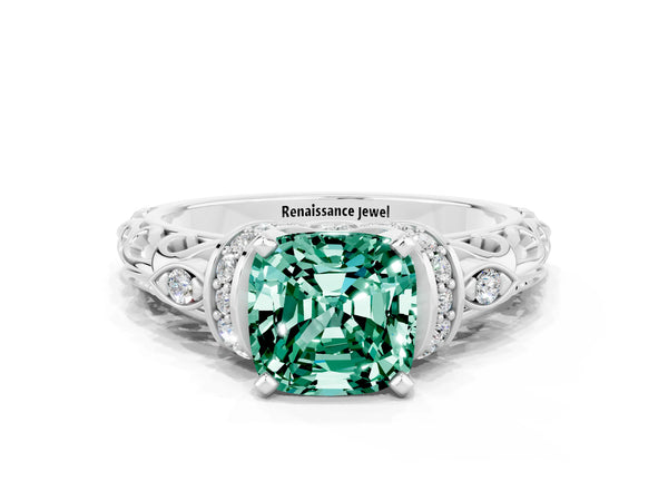 White gold Cushion Cut Green Sapphire Solitaire Ring with Filigree Band and Four-Prong Setting