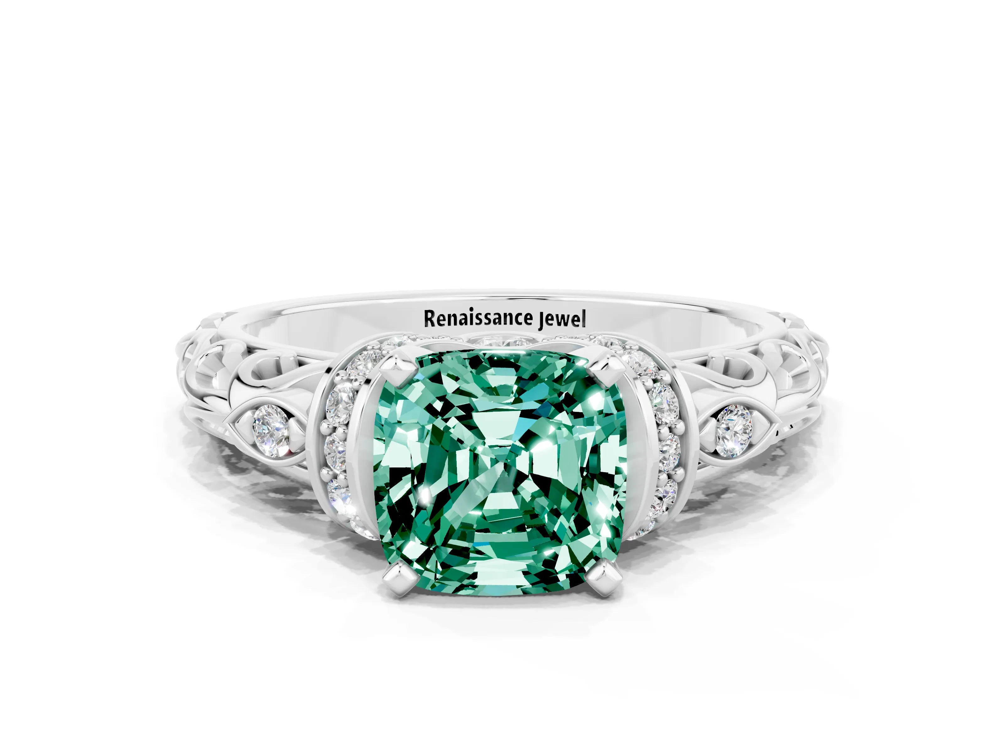 White gold Cushion Cut Green Sapphire Solitaire Ring with Filigree Band and Four-Prong Setting_67