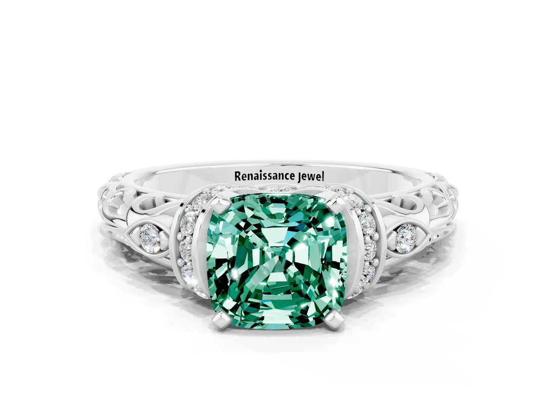 White gold Cushion Cut Green Sapphire Solitaire Ring with Filigree Band and Four-Prong Setting_67