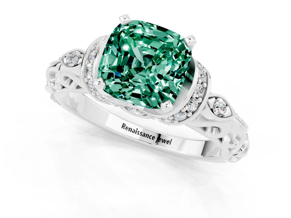 White gold Cushion Cut Green Sapphire Solitaire Ring with Filigree Band and Four-Prong Setting