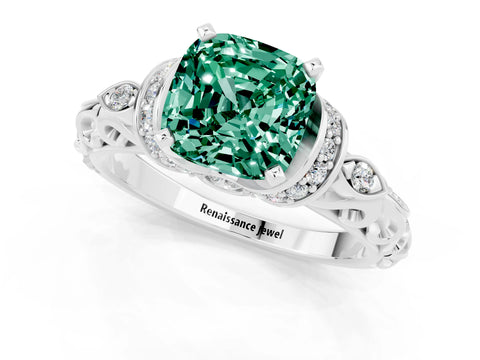 White gold Cushion Cut Green Sapphire Solitaire Ring with Filigree Band and Four-Prong Setting_67