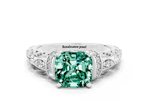 White gold Cushion Cut Green Sapphire Solitaire Ring with Filigree Band and Four-Prong Setting_67