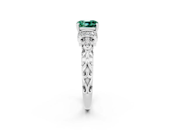 White gold Cushion Cut Green Sapphire Solitaire Ring with Filigree Band and Four-Prong Setting