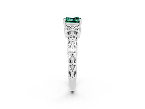 White gold Cushion Cut Green Sapphire Solitaire Ring with Filigree Band and Four-Prong Setting_68