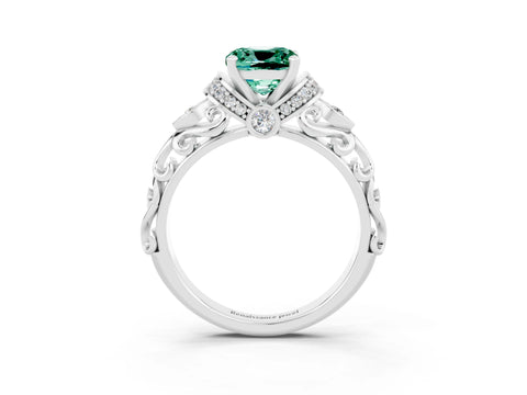 White gold Cushion Cut Green Sapphire Solitaire Ring with Filigree Band and Four-Prong Setting_70