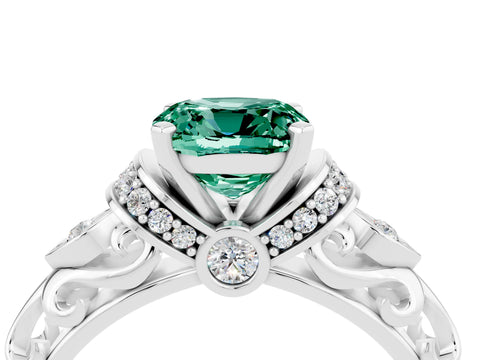 White gold Cushion Cut Green Sapphire Solitaire Ring with Filigree Band and Four-Prong Setting_71