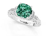 White gold Cushion Cut Green Sapphire Solitaire Ring with Filigree Band and Four-Prong Setting_73