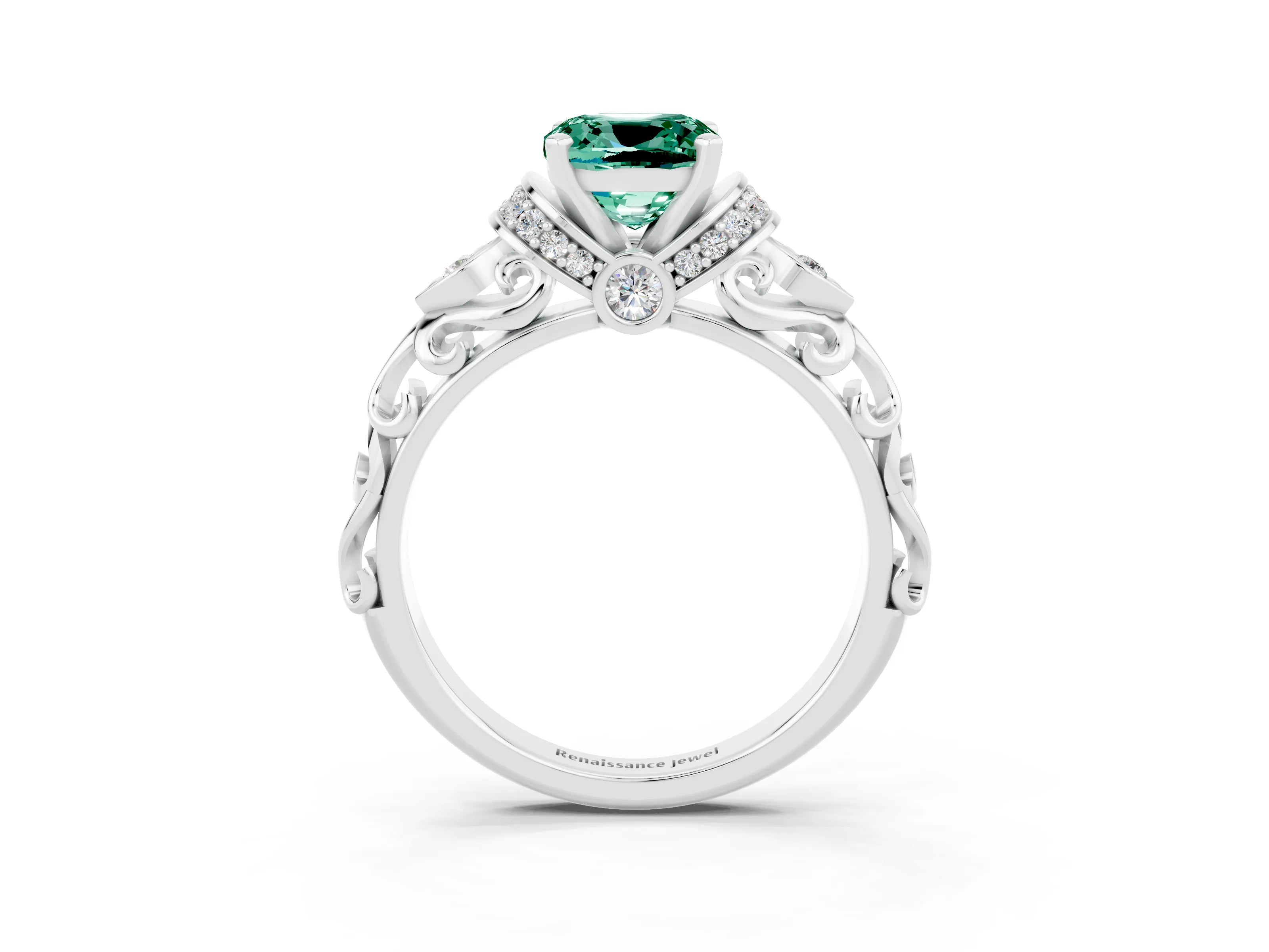 White gold Cushion Cut Green Sapphire Solitaire Ring with Filigree Band and Four-Prong Setting_75