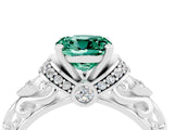 White gold Cushion Cut Green Sapphire Solitaire Ring with Filigree Band and Four-Prong Setting_76