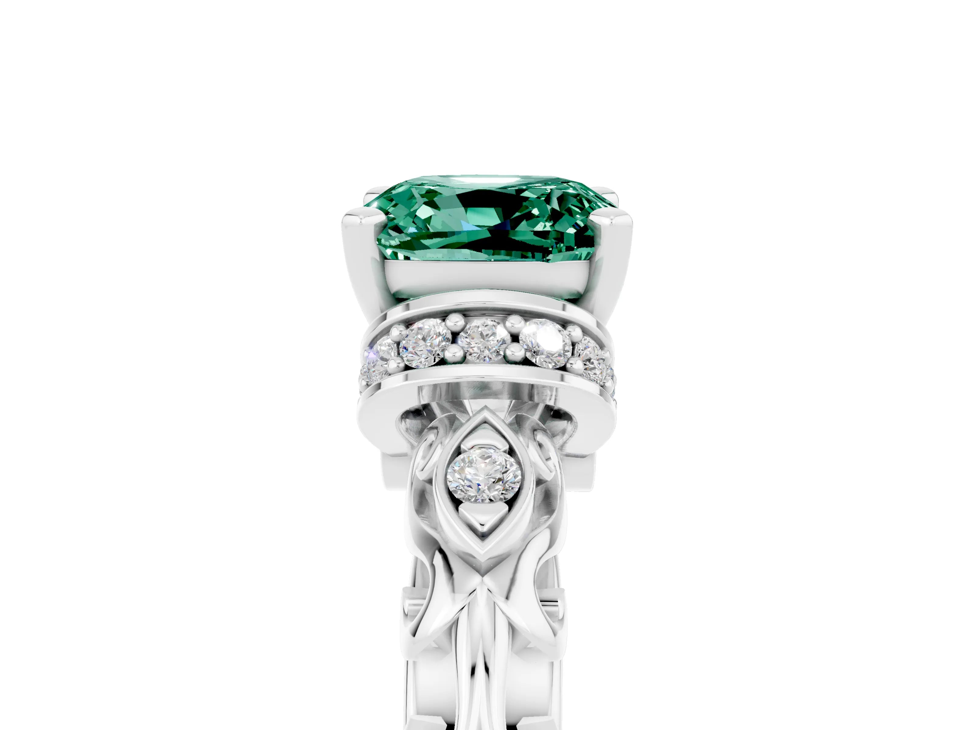 White gold Cushion Cut Green Sapphire Solitaire Ring with Filigree Band and Four-Prong Setting_77
