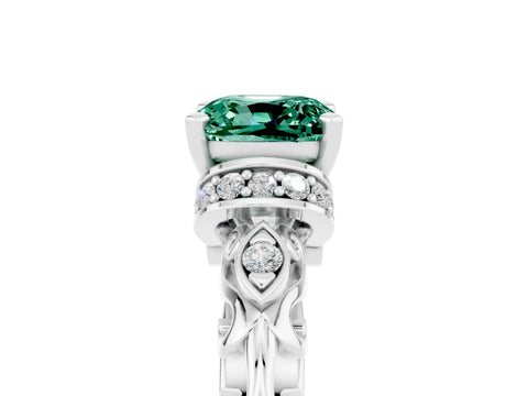 White gold Cushion Cut Green Sapphire Solitaire Ring with Filigree Band and Four-Prong Setting_77