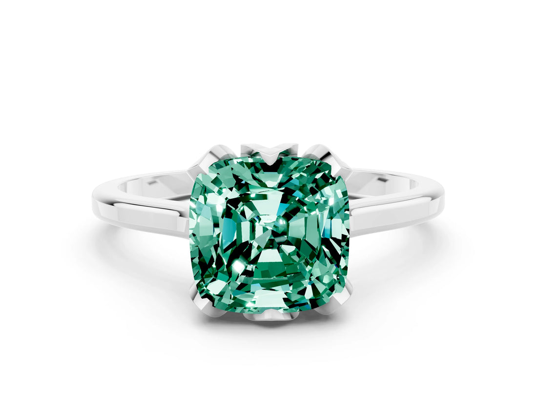 White gold Cushion Cut Green Sapphire Solitaire Ring with Flower Prong Setting and Classic Band_12