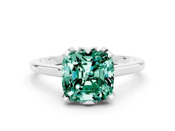 White gold Cushion Cut Green Sapphire Solitaire Ring with Flower Prong Setting and Classic Band