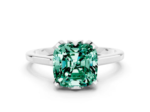 White gold Cushion Cut Green Sapphire Solitaire Ring with Flower Prong Setting and Classic Band_12