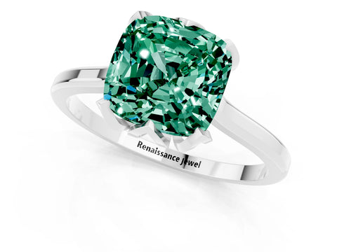 White gold Cushion Cut Green Sapphire Solitaire Ring with Flower Prong Setting and Classic Band_13