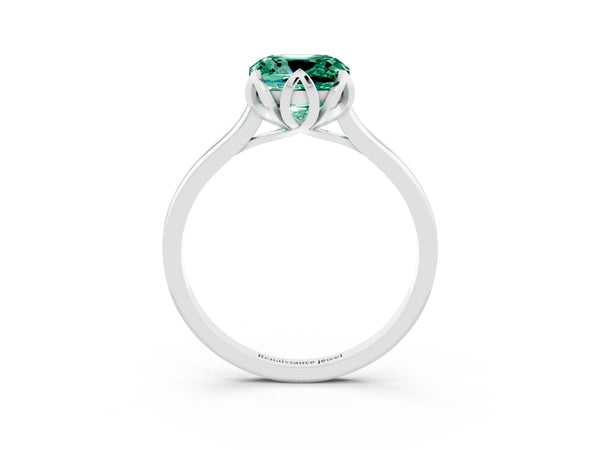 Silver Cushion Cut Green Sapphire Solitaire Ring with Flower Prong Setting and Classic Band