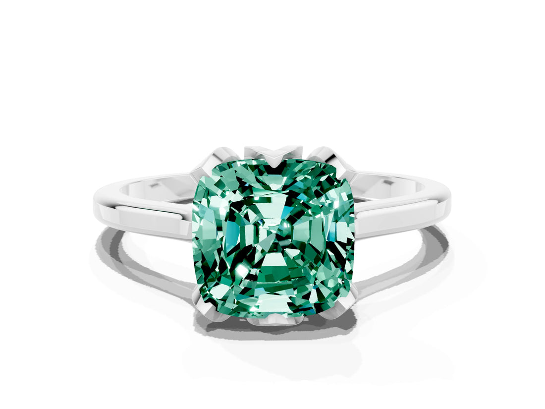 White gold Cushion Cut Green Sapphire Solitaire Ring with Flower Prong Setting and Classic Band_60