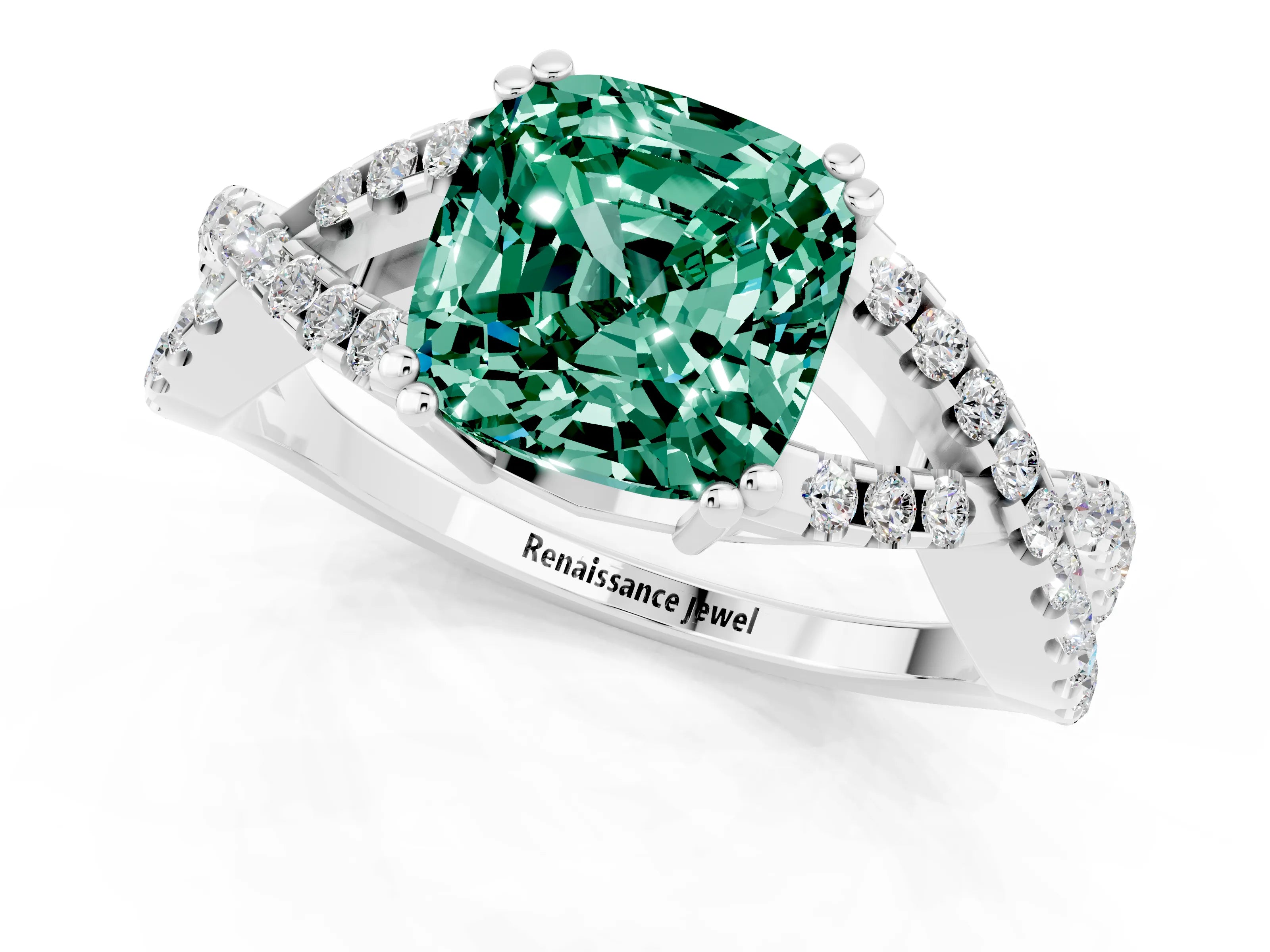 White gold Cushion Cut Green Sapphire Solitaire Ring with Four-Prong Setting and Twisted Pavé Band_1