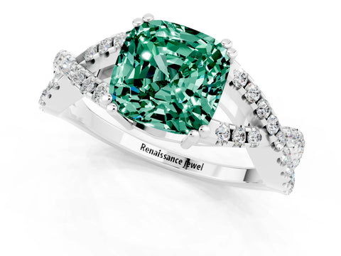 White gold Cushion Cut Green Sapphire Solitaire Ring with Four-Prong Setting and Twisted Pavé Band_1